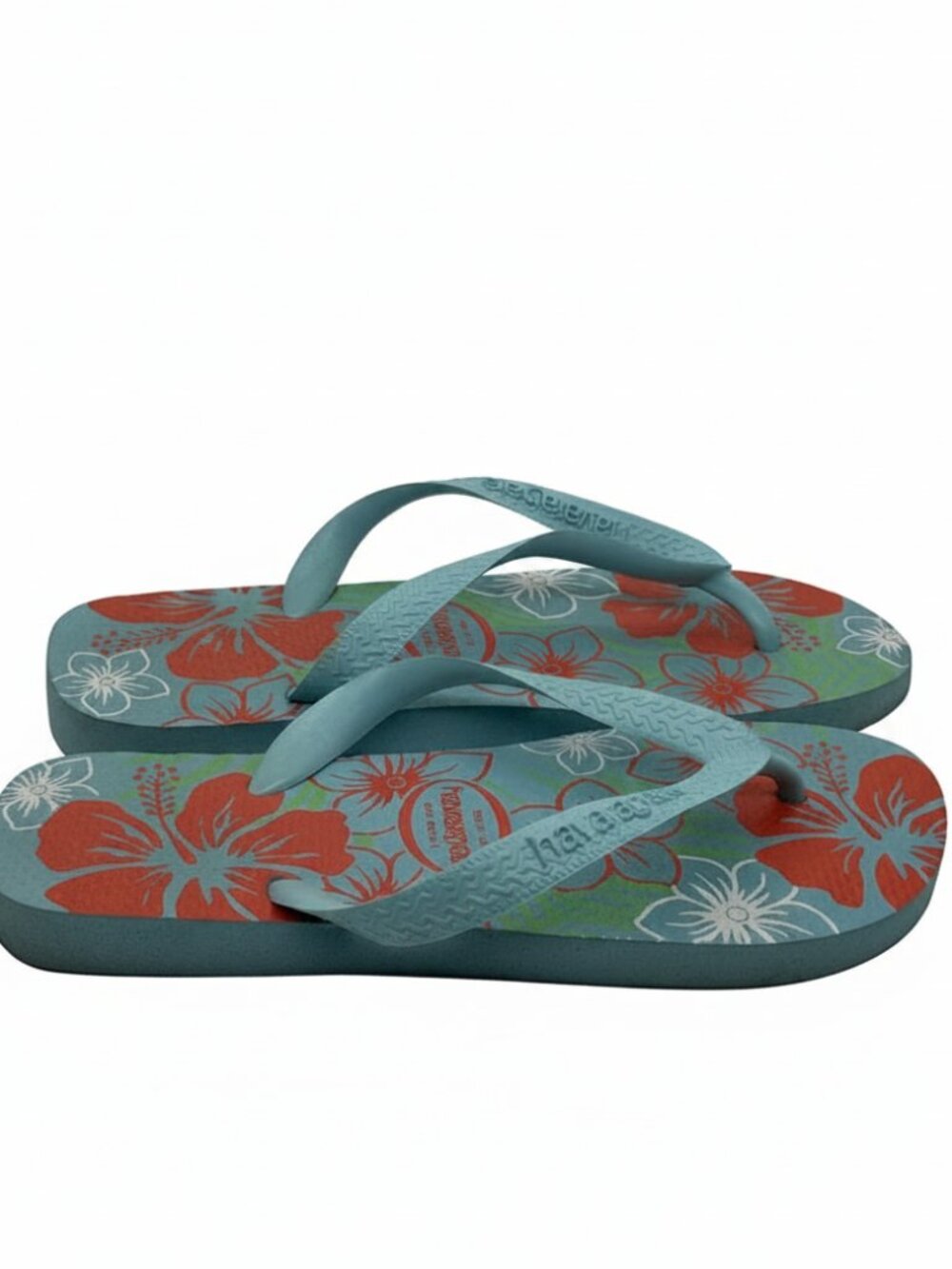 Havaianas Tropical Floral Print Flip Flops Blue Red Hibiscus Sandals Size 6